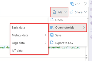 Captura de pantalla que muestra el menú desplegable de la interfaz de usuario web de Azure Data Explorer para elegir tutoriales de ejemplo en la ventana de consulta.