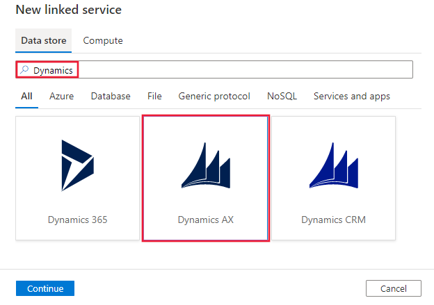 Seleccione el conector de Dynamics AX.