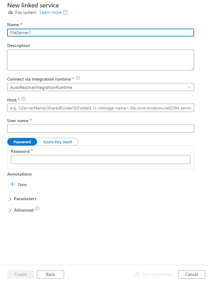 Captura de pantalla de la configuración del servicio vinculado del sistema de archivos.