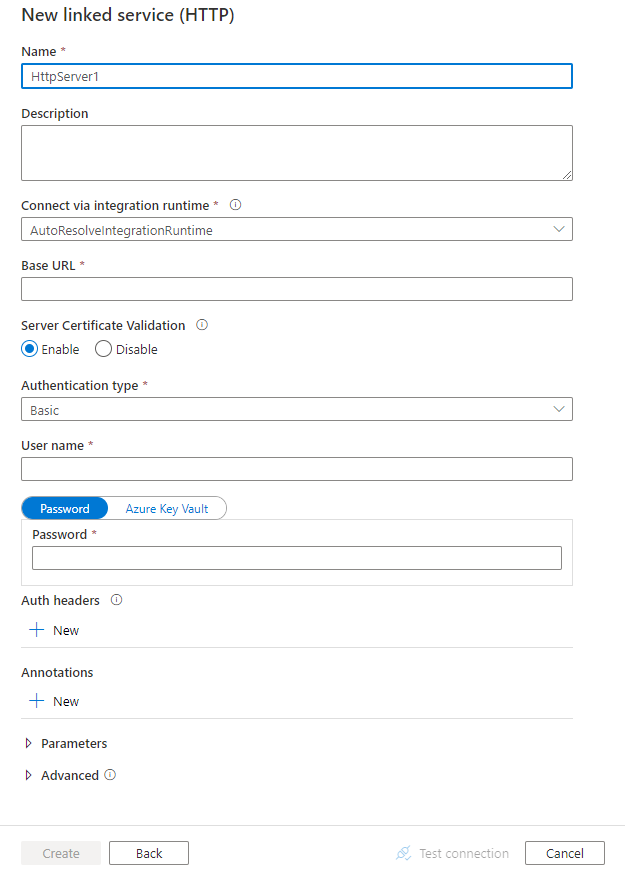 Screenshot of configuration for an HTTP linked service.