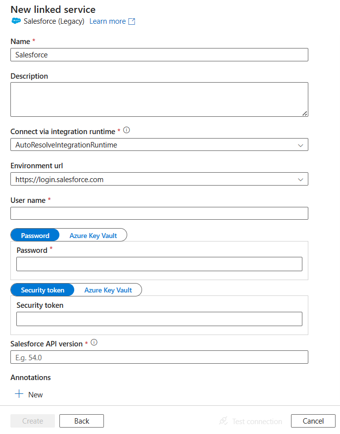 Captura de pantalla de la configuración del servicio vinculado en Salesforce.