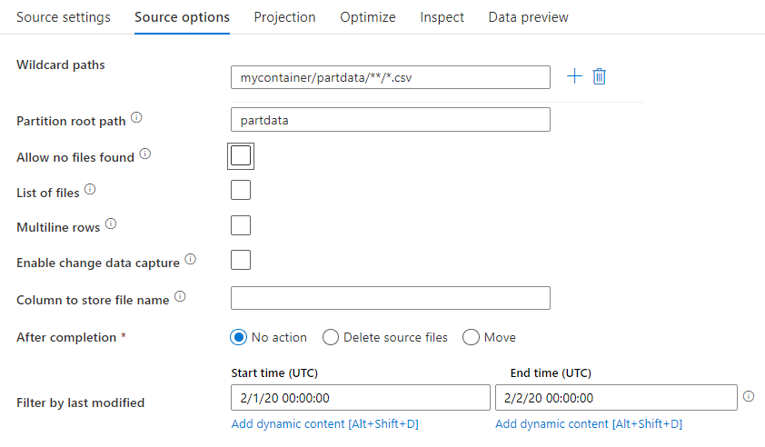 Captura de pantalla de la pestaña de opciones de origen en la transformación del origen del flujo de datos de asignación.