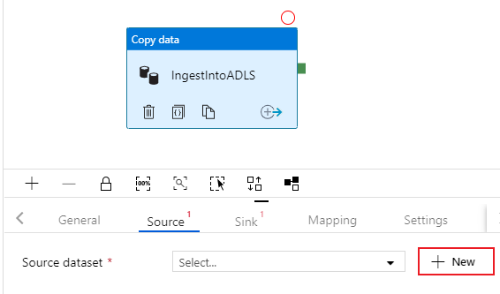 Captura de pantalla de Azure Portal de creación de un conjunto de datos en la opción para copiar el origen de datos.