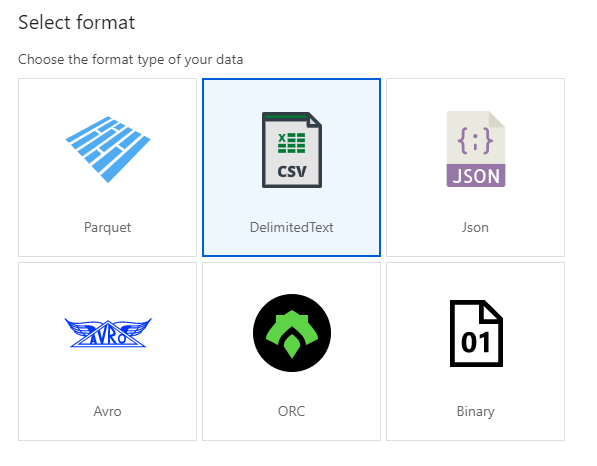 Captura de pantalla de Azure Portal de la página de formato al crear datos en ADLS Gen2.