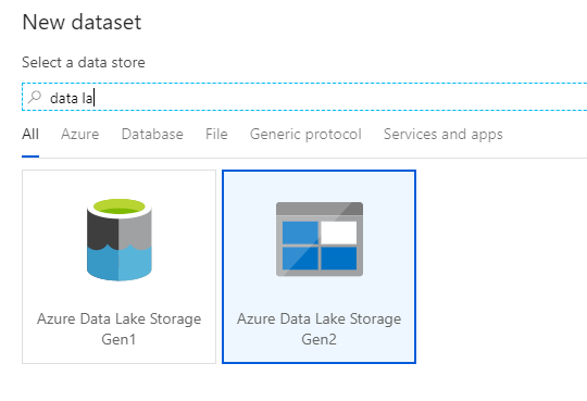Captura de pantalla de Azure Portal para crear datos en ADLS Gen2.