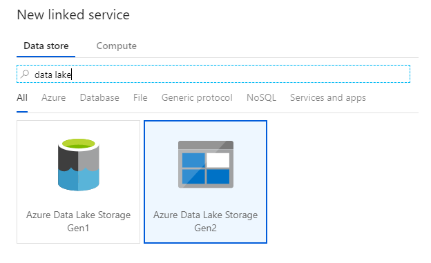 Captura de pantalla de Azure Portal para crear un servicio vinculado de ADLS Gen2.