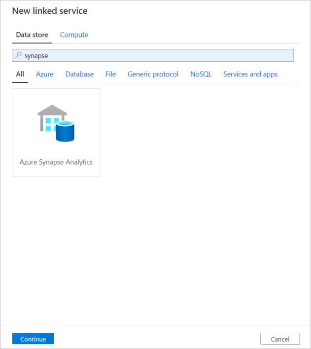 Captura de pantalla de Azure Portal para crear un servicio vinculado de Azure Synapse Analytics.