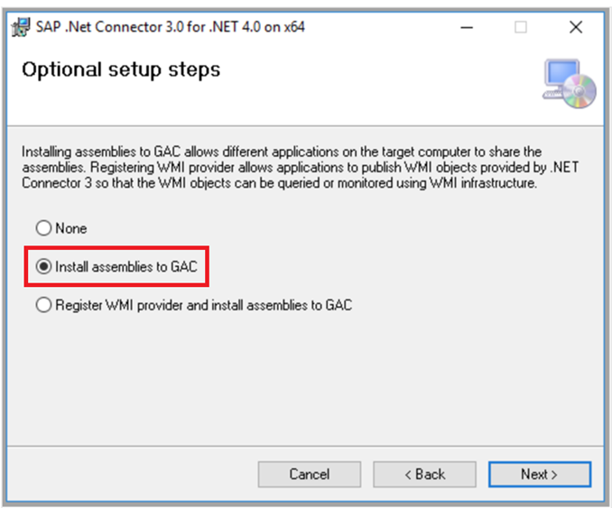 Screenshot of the SAP .NET Connector 3.0 installation dialog.