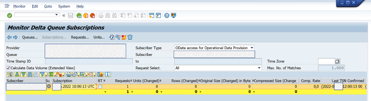 Screenshot of the SAP ODQMON tool, with delta queue subscriptions shown.