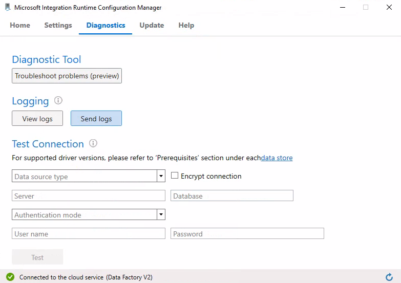 Captura de pantalla del botón Enviar registros en el entorno de ejecución de integración autohospedado (SHIR) para cargar registros en Microsoft.