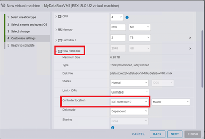 Screenshot of the Customize Settings region highlighting the options to configure a new hard disk.