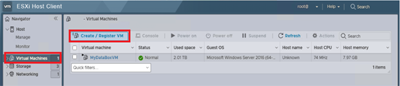 Screenshot showing options to create or register a VM.