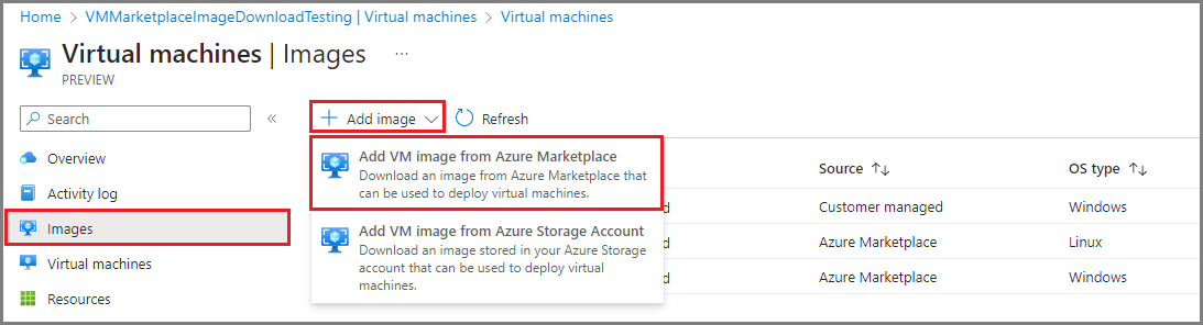 Captura de pantalla que muestra la opción para agregar una imagen de máquina virtual desde Azure Marketplace en la página Máquinas virtuales de un dispositivo Azure Stack Edge en Azure Portal.