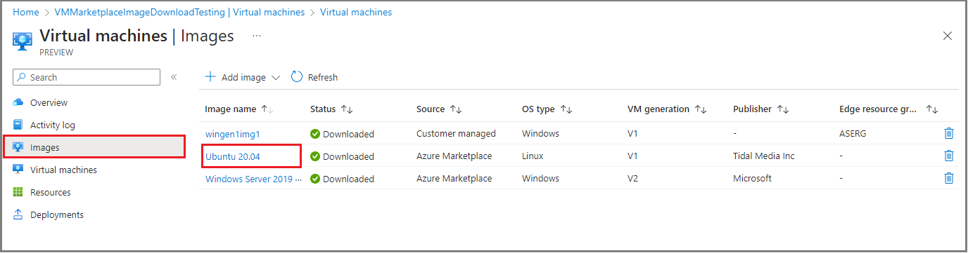 Captura de pantalla que muestra una vista de lista de nombres de imagen de máquina virtual en la página Máquinas virtuales de un dispositivo Azure Stack Edge en Azure Portal.
