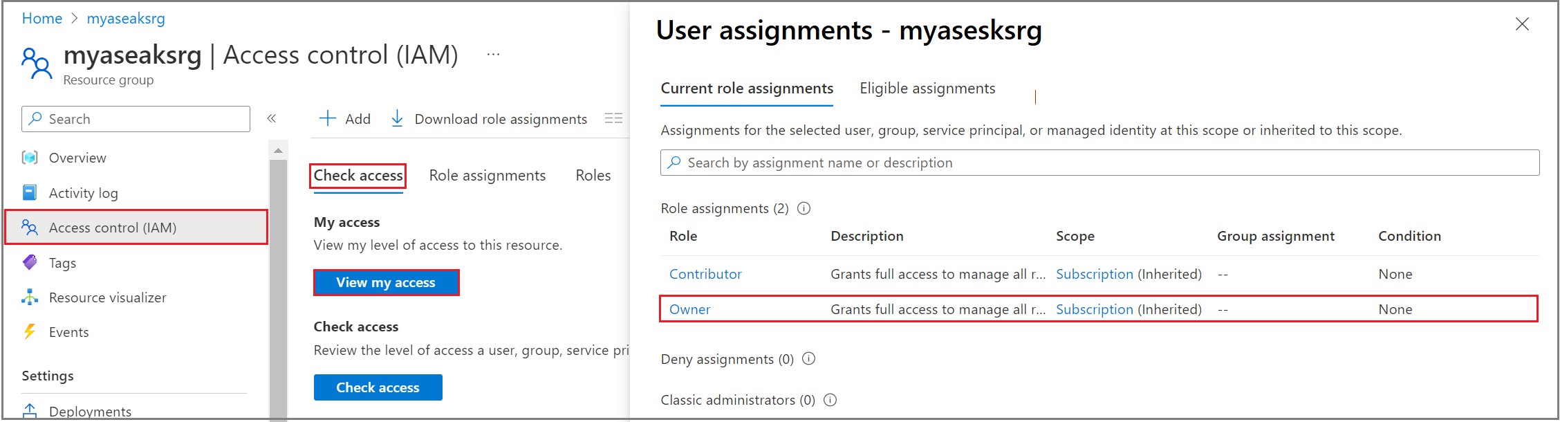 Recorte de pantalla que muestra las asignaciones para el usuario seleccionado en la página Control de acceso (IAM) en Azure Portal.