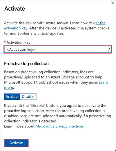 Captura de pantalla de la interfaz de usuario web local con “Activar” resaltado en la hoja Activación.