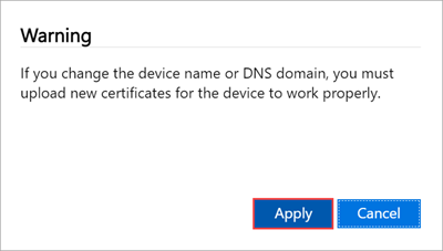 Captura de pantalla de la advertencia en la página Dispositivo de la interfaz de usuario web local de un dispositivo Azure Stack Edge. El botón Aceptar está resaltado.
