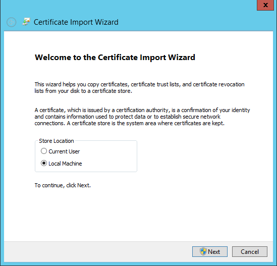 Importación del certificado mediante PowerShell