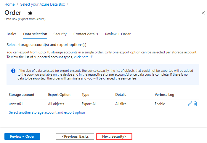 Export order, Data selection