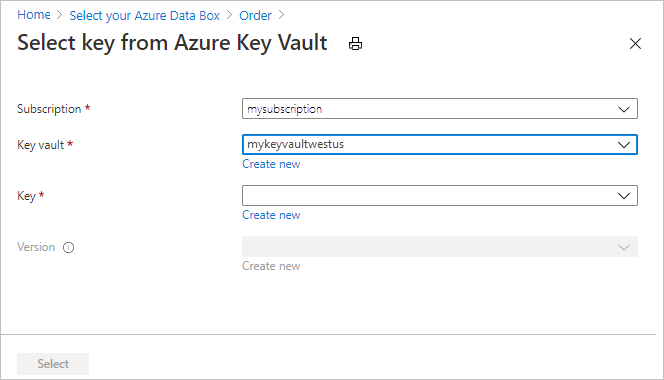 Select key from Azure Key Vault screen