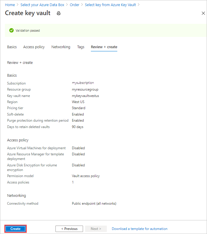 New Azure Key Vault review screen