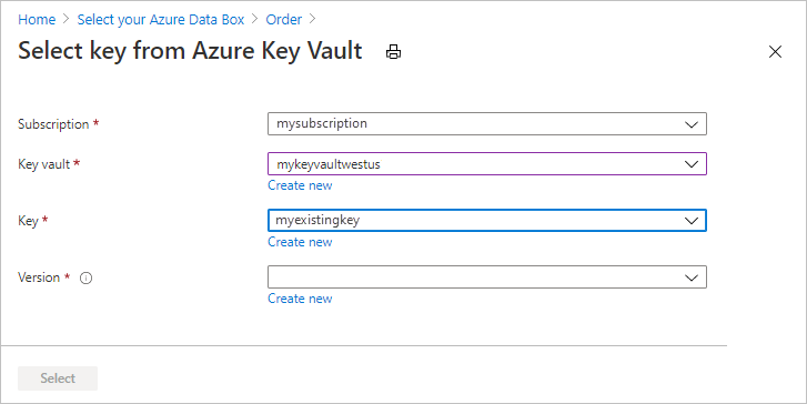 Select existing key from Azure Key Vault