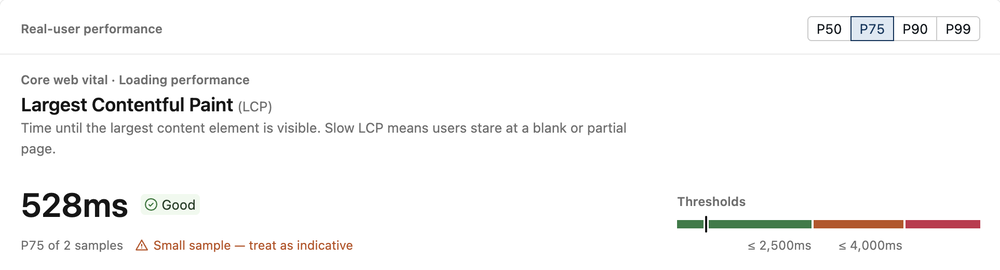 Detalles de Largest Contentful Paint que muestran el percentil seleccionado, el recuento de muestras, la calificación y los umbrales.