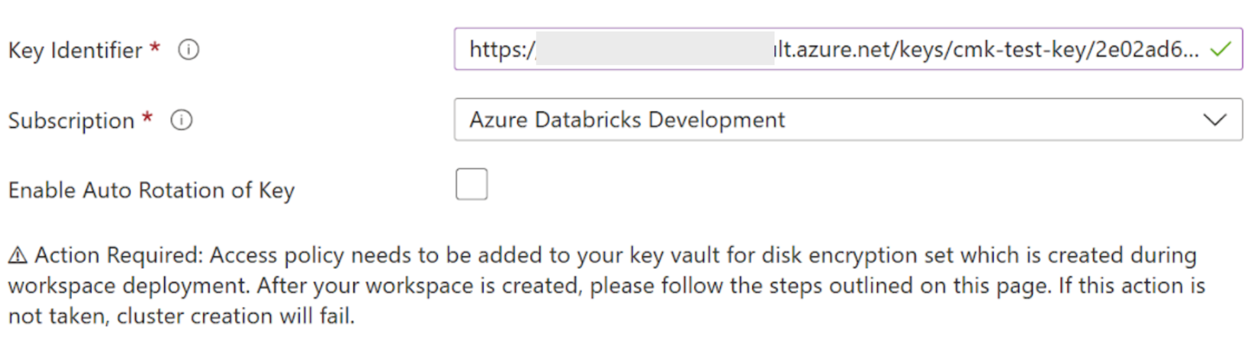 Show fields in the Managed Disks section of the Azure Databricks blade