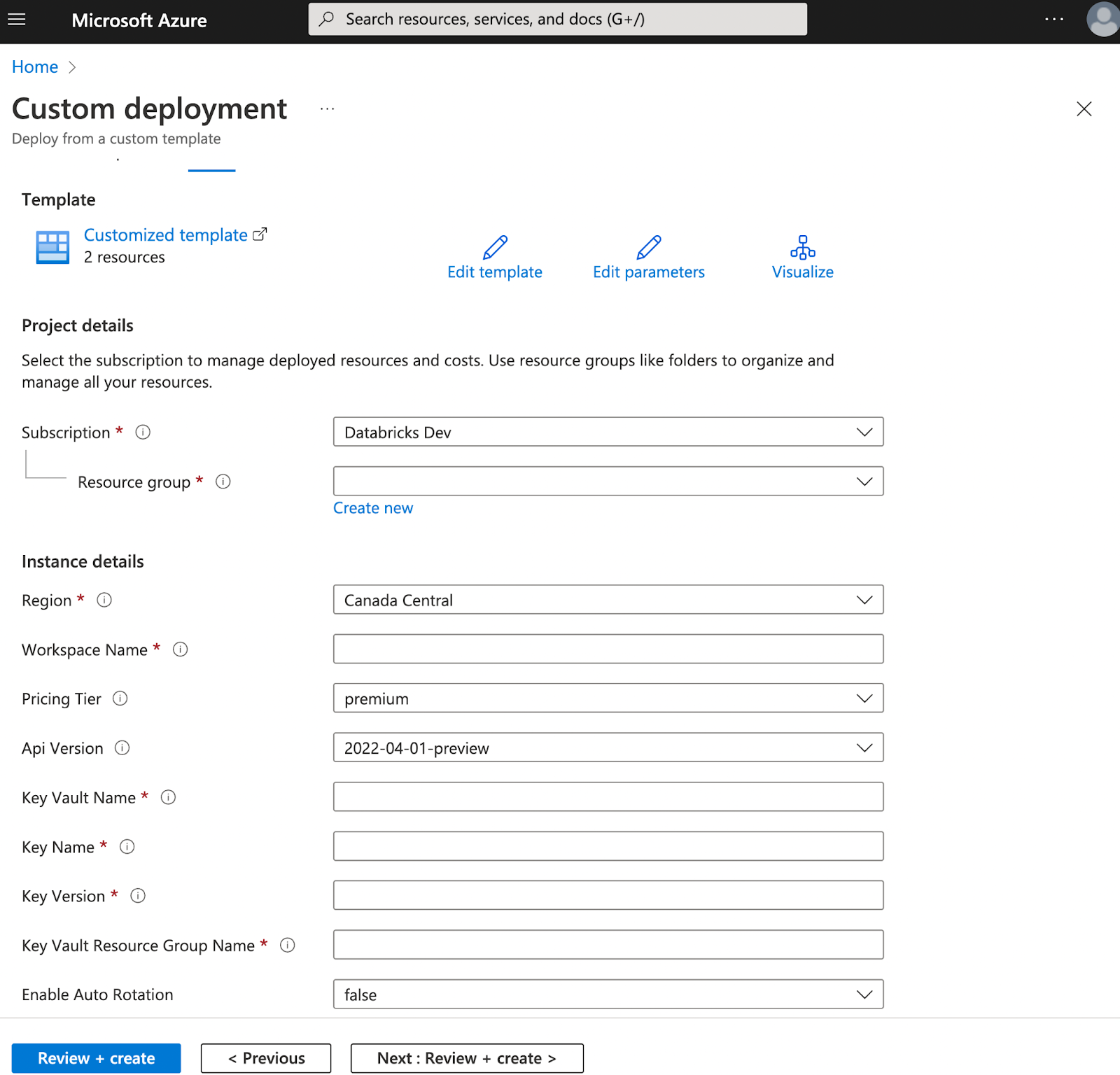 Project details page of the Azure custom deployment portal