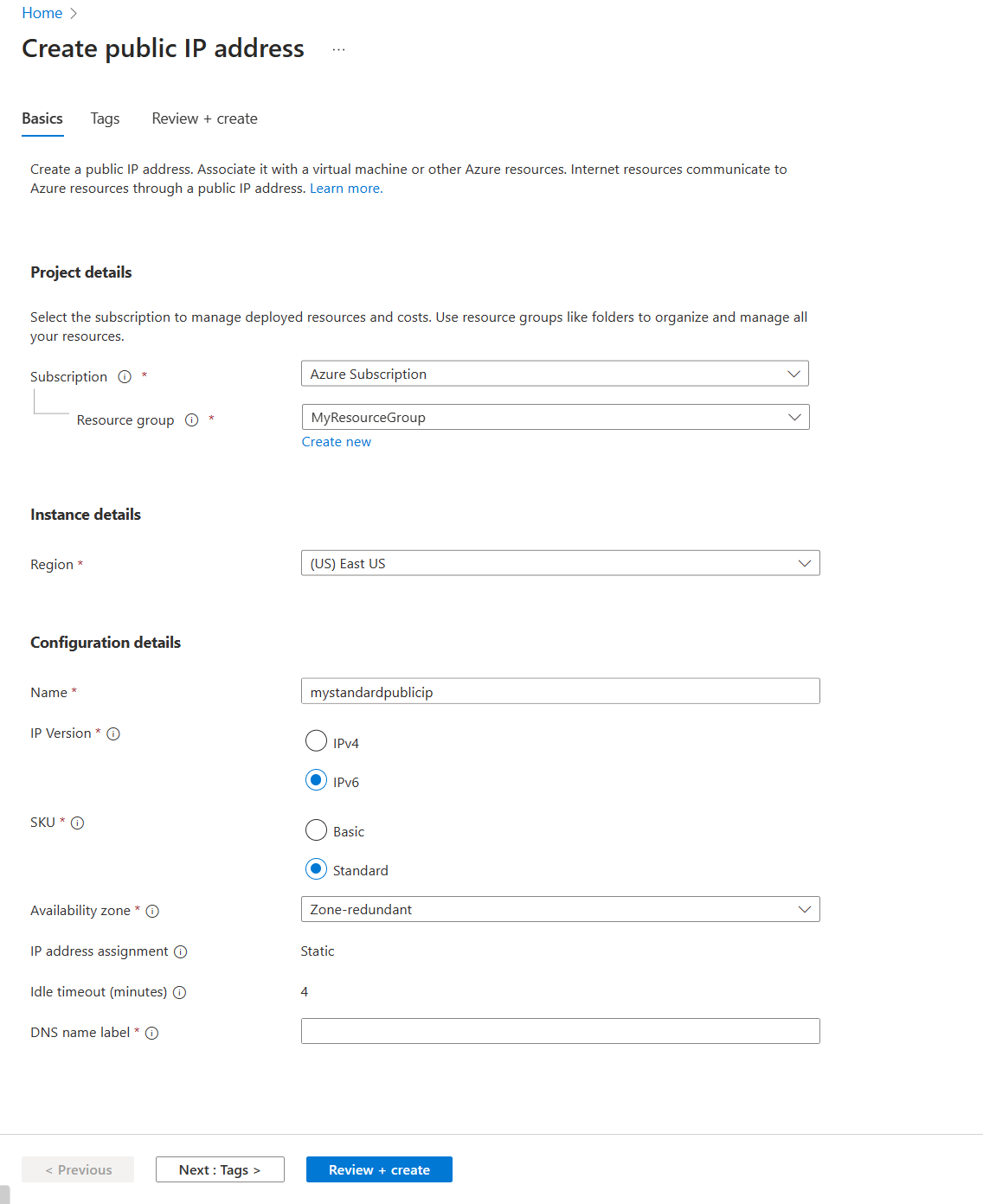 Captura de pantalla de la creación de una dirección IP estándar en Azure Portal.