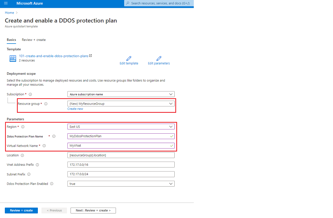 Plantilla de inicio rápido de DDoS