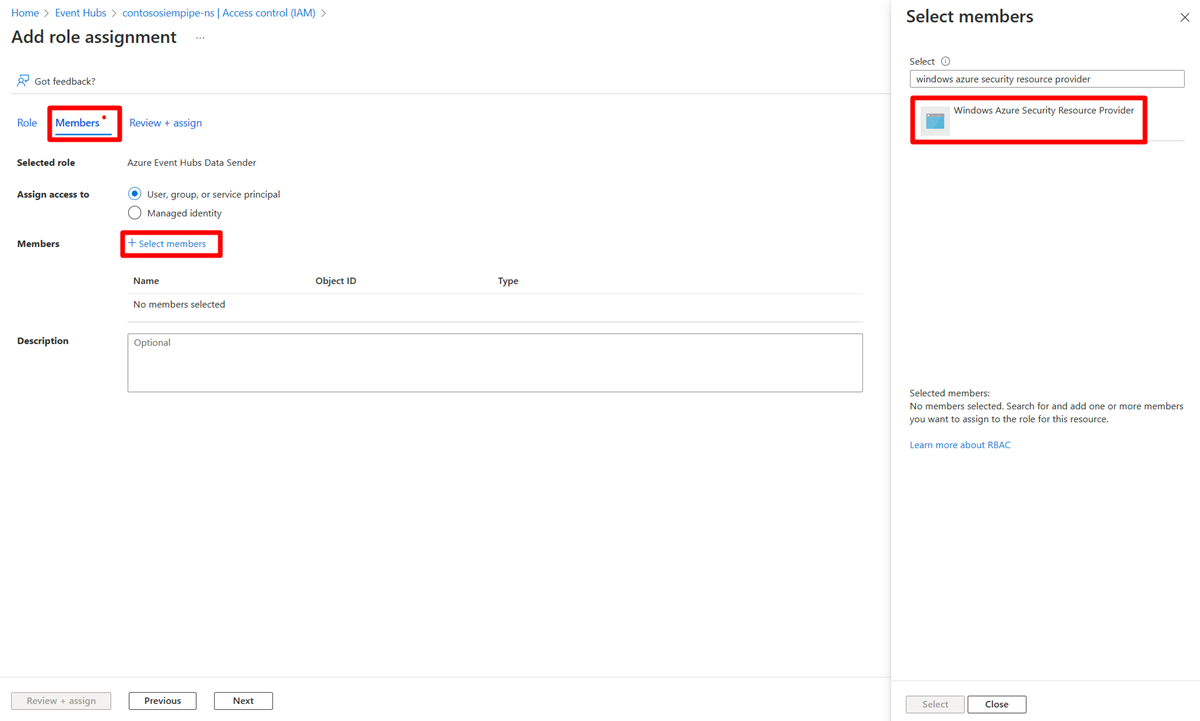 Captura de pantalla que muestra dónde escribir y buscar un Proveedor de recursos de seguridad de Microsoft Azure.