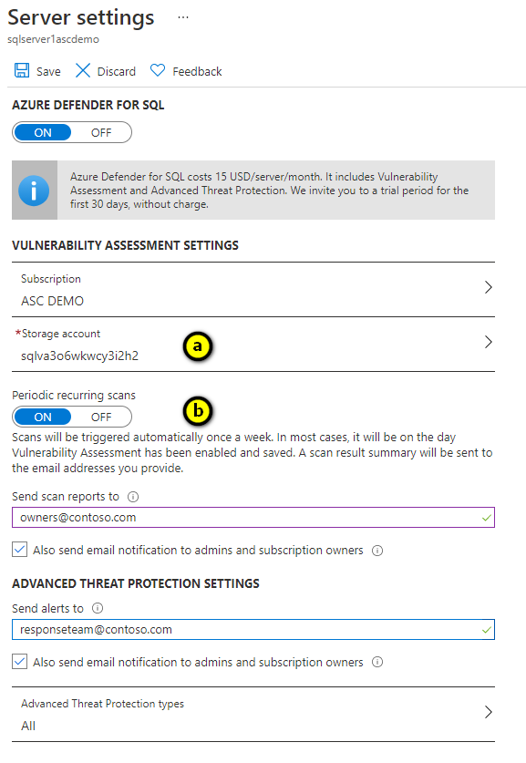 Captura de pantalla de la configuración de los exámenes de evaluación de vulnerabilidades de SQL