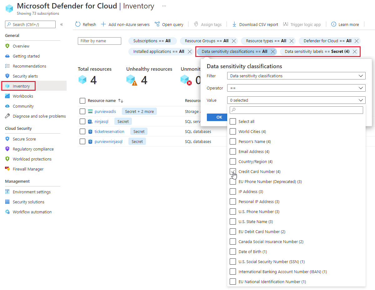Captura de pantalla de filtros de protección de información en la página de inventario de recursos de Microsoft Defender for Cloud.