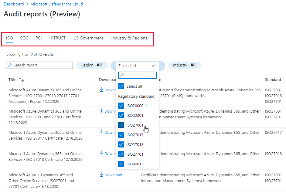 Filtrado de la lista de informes de auditoría de Azure disponibles.