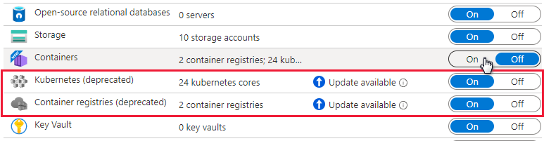 Planes de Defender para registros de contenedor y Defender para Kubernetes que muestran información obsoleta y actualizada.