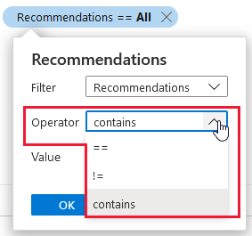 Controles para la opción de operador en los filtros de Asset Inventory