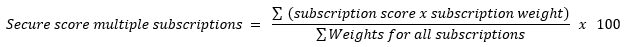 Screenshot that shows the equation for calculating the secure score for multiple subscriptions.