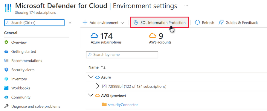 Acceso a la directiva de Information Protection de SQL desde la página de configuración del entorno de Microsoft Defender para la nube.