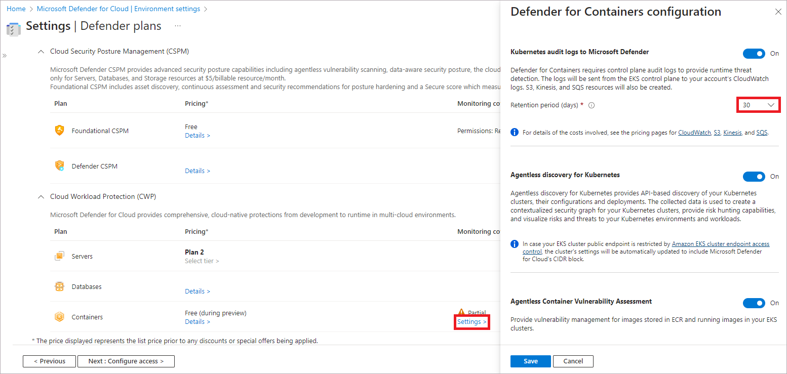 Captura de pantalla de la página de configuración del entorno de Defender for Cloud que muestra la configuración del plan Contenedores.