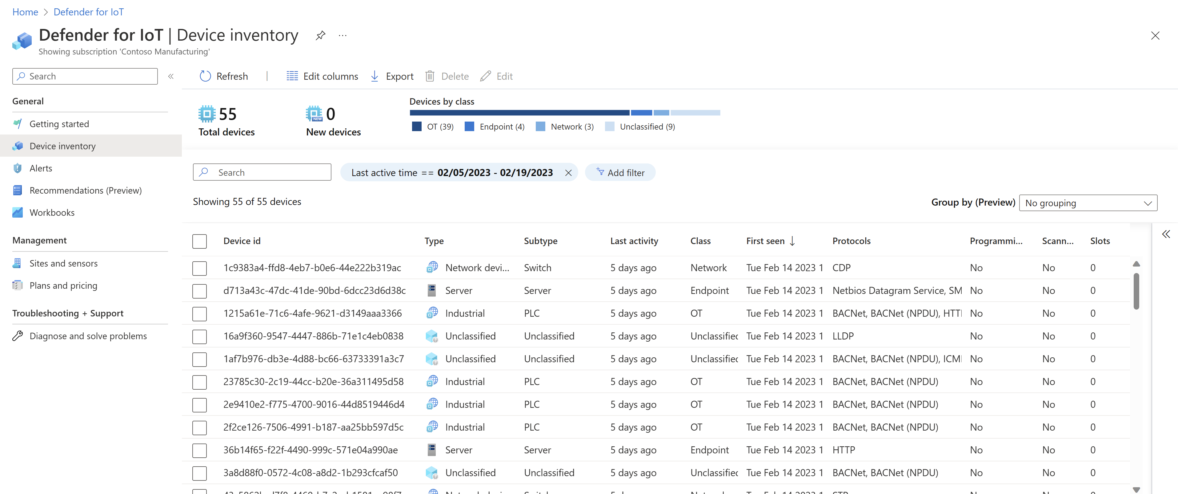Screenshot of the Defender for IoT Device inventory page in the Azure portal.