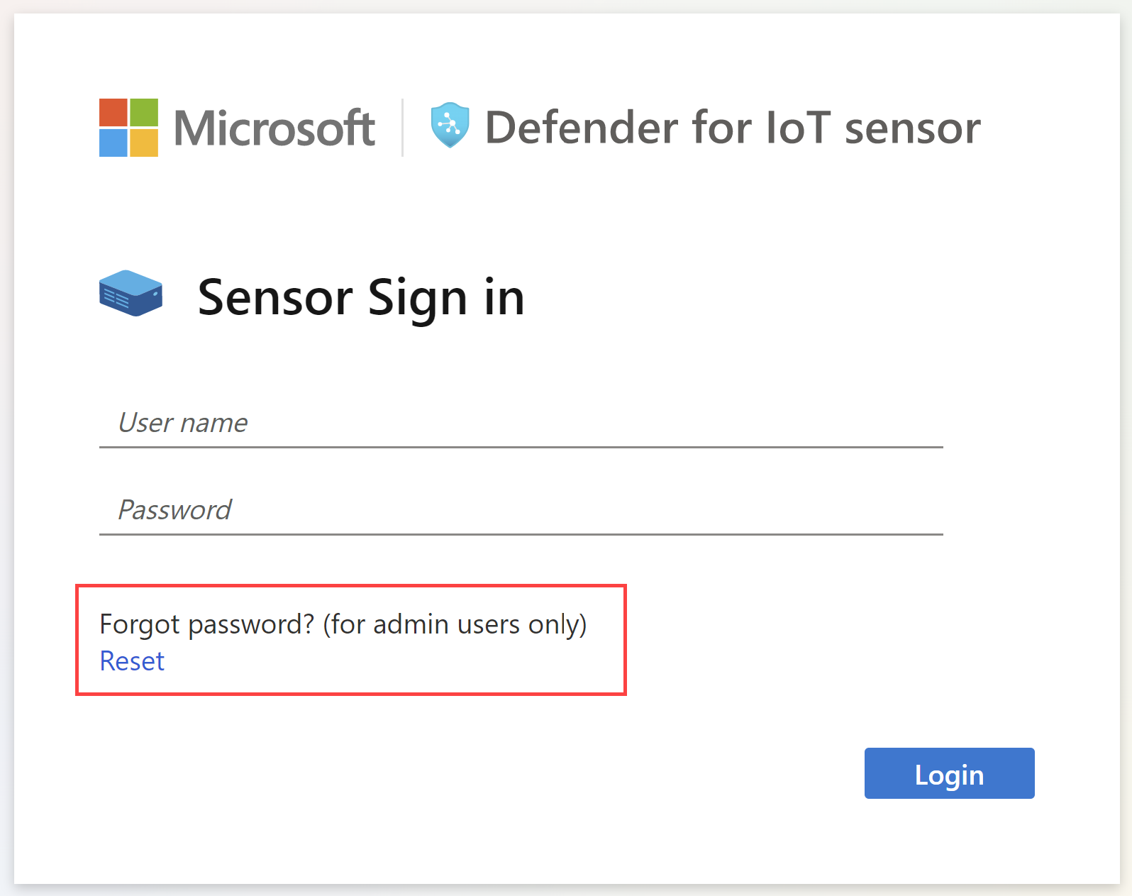 Screenshot of the sensor sign-in screen with the Reset password link.