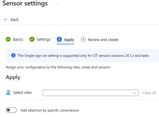 Captura de pantalla de la pestaña Aplicar en la configuración del sensor de Defender para IoT.