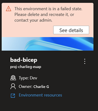 Captura de pantalla que muestra los detalles de error de la implementación incorrecta; en concreto, un nombre no válido para una cuenta de almacenamiento.