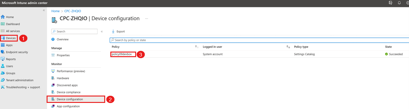 Recorte de pantalla que muestra el Centro de administración de Microsoft Intune, con el panel Dispositivos y la opción Configuración del dispositivo resaltada.