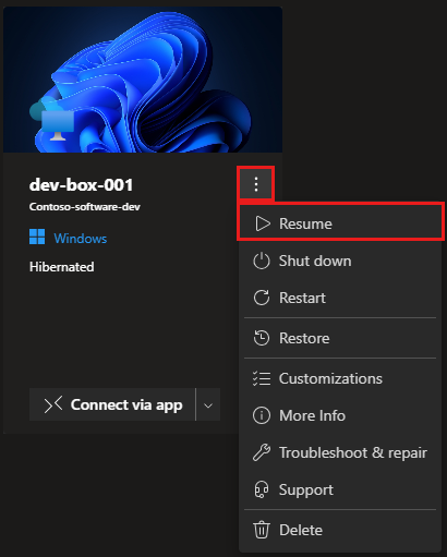 Captura de pantalla del portal para desarrolladores en la que se muestra un equipo de desarrollo con el menú Acciones abierto y la opción Reanudar resaltada