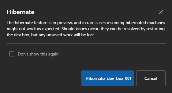 Captura de pantalla del portal para desarrolladores que muestra un cuadro de diálogo de confirmación para hibernar un equipo de desarrollo