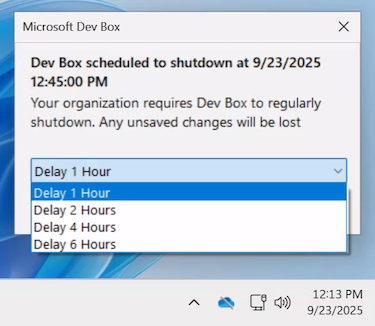 Captura de pantalla que muestra las opciones de notificación de apagado y retraso en la lista desplegable.