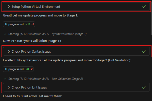 Captura de pantalla de Visual Studio Code que muestra el panel de modernización de aplicaciones de Copilot de GitHub con la configuración del entorno, la comprobación de sintaxis y la comprobación de lint en el flujo de trabajo de migración.