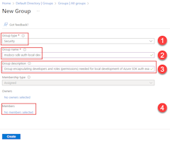Captura de pantalla que muestra cómo crear un nuevo grupo de Microsoft Entra. La ubicación del vínculo que se va a seleccionar para agregar miembros a este grupo está resaltado.